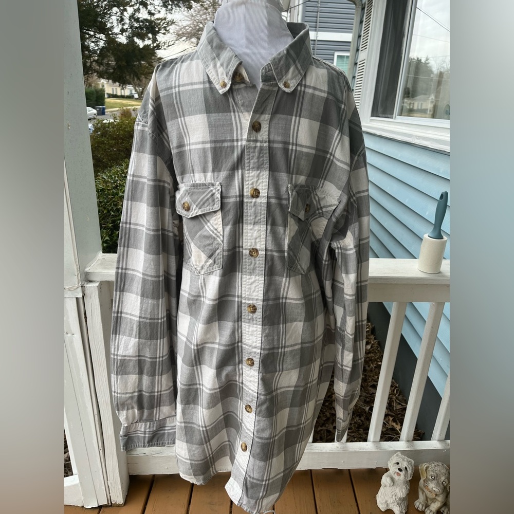 Duluth Trading Co Button Front Shirt Mens XL Tall Gray Plaid Button Pockets